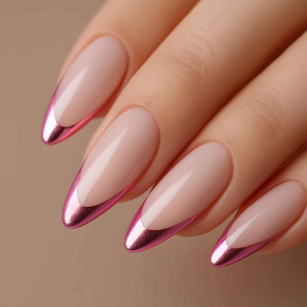 Pink Chrome French Korean nail design